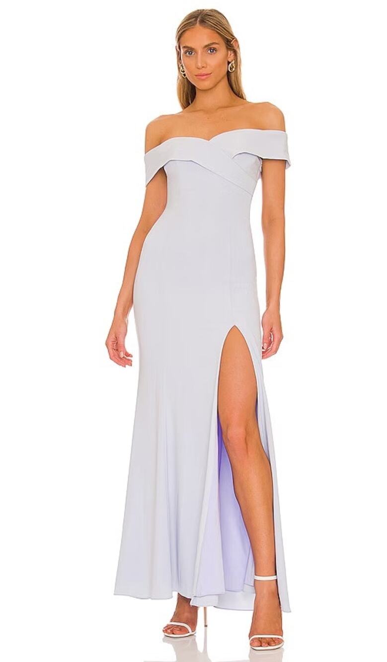 NWT Lovers + Friends Hailey Off-Shoulder Slit Thigh Maxi Dress Baby Blue Medium